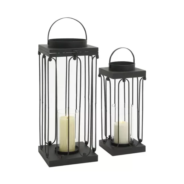 LITTON LANE Black Tin and Clear Glass Lantern Candle Holder (Set of 2)