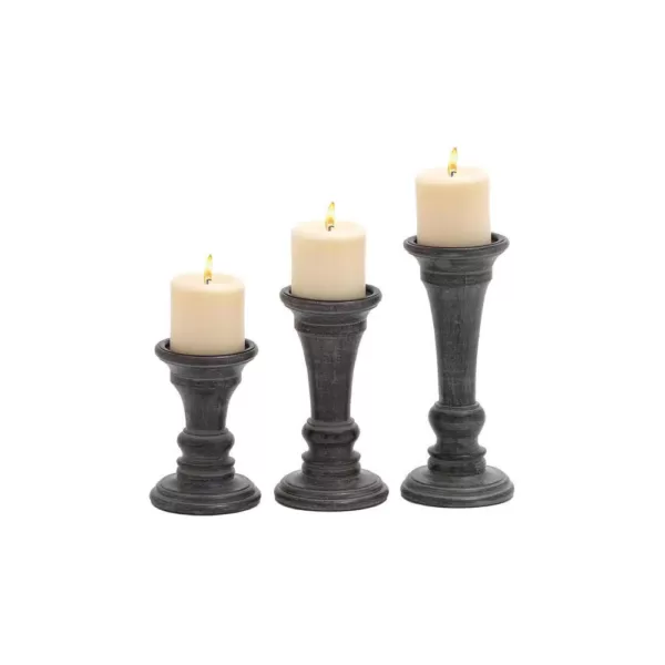 LITTON LANE Distressed Black Mango Wood with Flared Top Candle Holders (Set of 3)