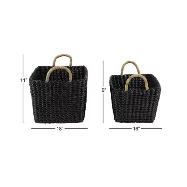 LITTON LANE Large Rectangular Handwoven Black Water Hyacinth Wicker Baskets with Banana Leaf Handles (Set of 2)