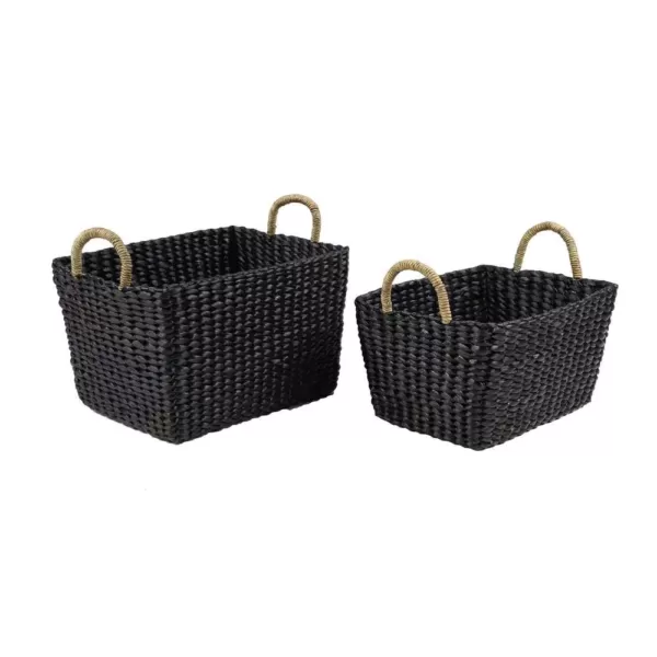 LITTON LANE Large Rectangular Handwoven Black Water Hyacinth Wicker Baskets with Banana Leaf Handles (Set of 2)