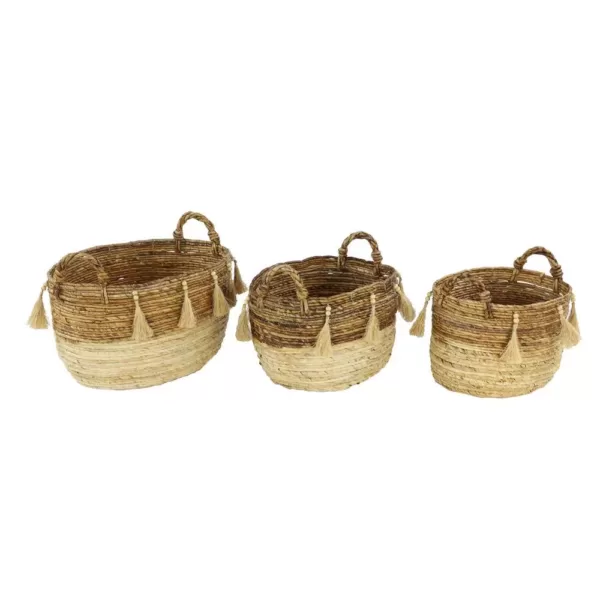 LITTON LANE Oval Silk Wood and Banana Leaf Storage Wicker Baskets with Handles (Set of 3)