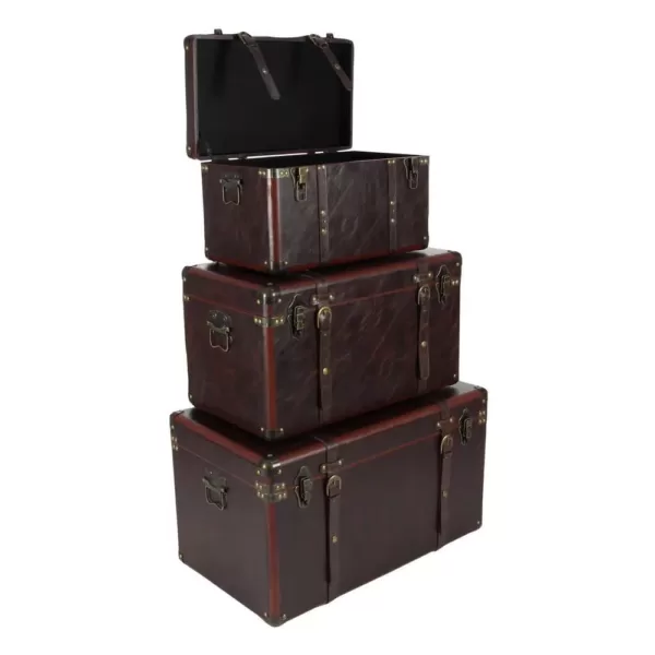 LITTON LANE Globetrotter Wood and Matte Brown Leather Case (Set of 3)