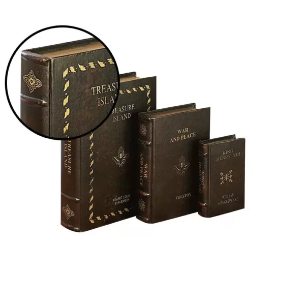 LITTON LANE Vintage Rectangular Wood and Faux Leather "Treasure Island" Book Boxes (Set of 3)