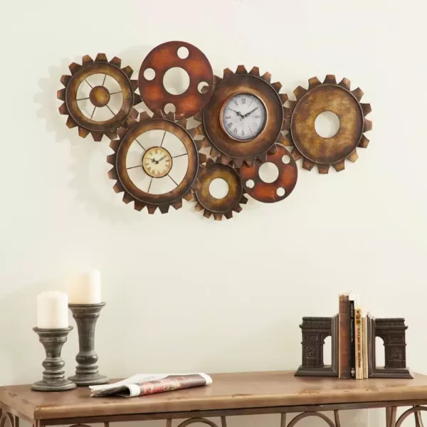 LITTON LANE 17 in. x 34 in. Rustic Industrial Gears Wall Clock in Distressed Iron