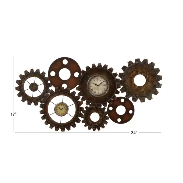 LITTON LANE 17 in. x 34 in. Rustic Industrial Gears Wall Clock in Distressed Iron