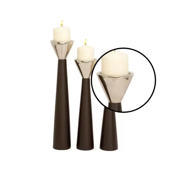 LITTON LANE Polished Dark Brown Wood and Silver Aluminum Conical Candle Holders with Cone-Shaped Bobeche (Set of 3)