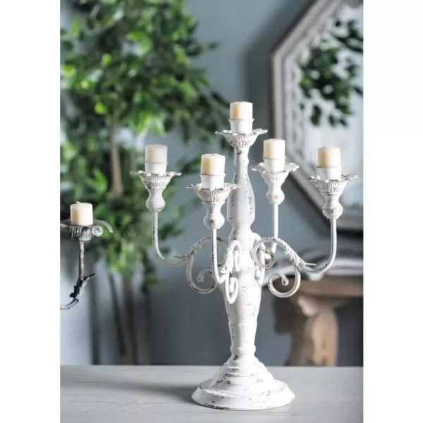 LITTON LANE Distressed White Iron Scroll 5-Light Candelabra