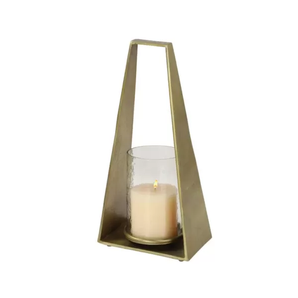 LITTON LANE Large Modern Triangular Gold Metal Candle Holder with Hurricane Glass