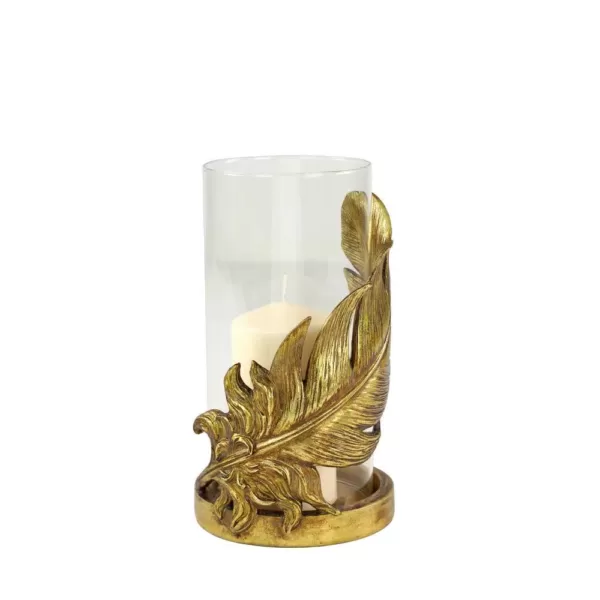 LITTON LANE Large Metallic Gold Feather Candle Holder with Hurricane Glass