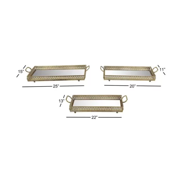 LITTON LANE Large Rectangular Metallic Gold Mirror Vanity Trays with Pierced Metal Designs ( Set of 3)