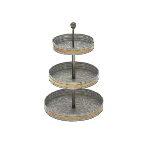 LITTON LANE 24 in. 3-Tiered Round Gray Iron Tray Stand with Copper Band Accents