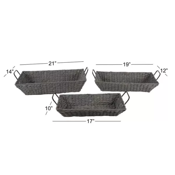 LITTON LANE Soft Gray Water Hyacinth, Seagrass, and Rope Decorative Wicker Trays with Handles (Set of 3)