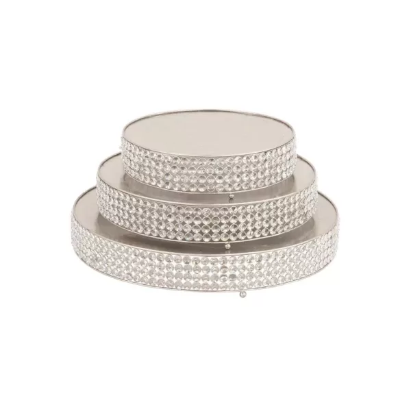 LITTON LANE Silver Iron Round Cake Stands with Round Crystal Beads Edge Detailing and Ball Feet (Set of 3)