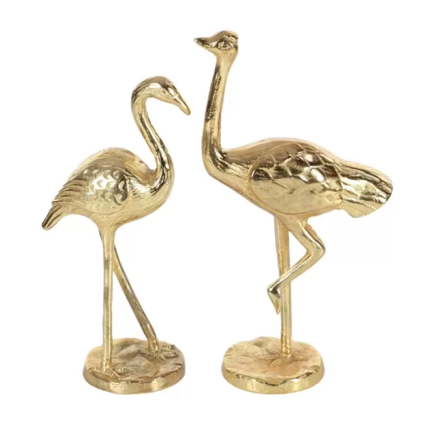 LITTON LANE 14 in. Flamingo Aluminum Decorative Sculpture in Gold (Set of 2)