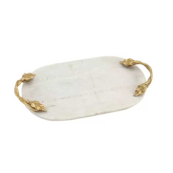 LITTON LANE 20 in. W x 2 in. H White Marble Oval Decorative Tray with Gold Leaf-and-Vine-Shaped End Handles