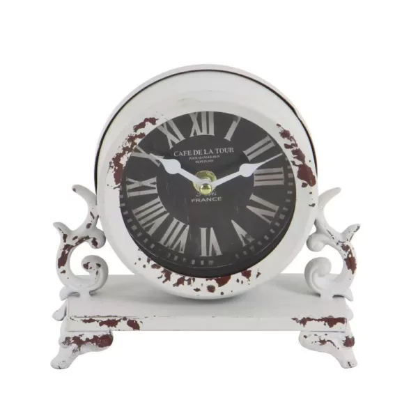 LITTON LANE 7 in. x 7 in. Burgundy Red and Mint Green Round Table Clocks on Rectangular Scrollwork-Designed Base (Set of 2)