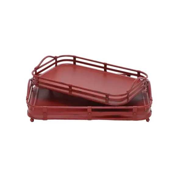 LITTON LANE Farmhouse Rustic Red Decorative Wagon Trays (Set of 2)