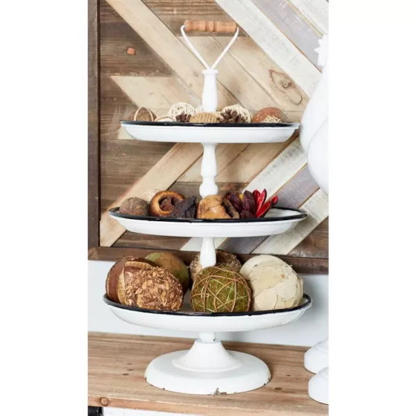 LITTON LANE Distressed White Decorative 3-Tier Tray with Black and Brown Accents