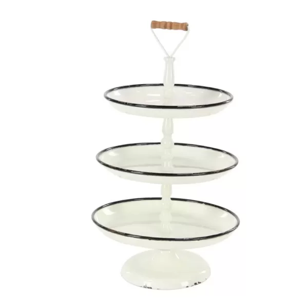 LITTON LANE Distressed White Decorative 3-Tier Tray with Black and Brown Accents