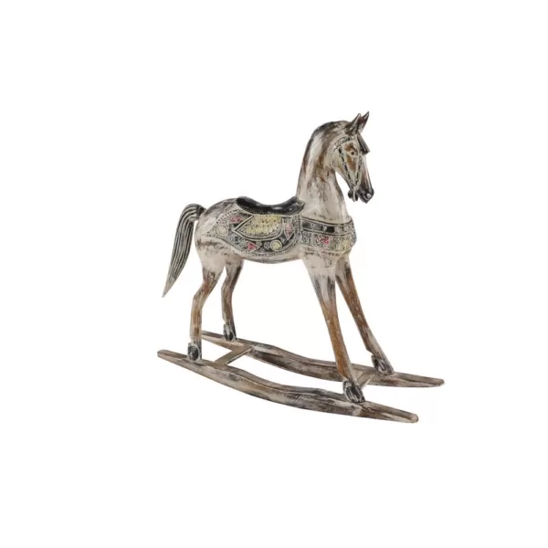 LITTON LANE Handmade Vintage Beige and Black Wooden Rocking Horse with Ornamental Red and Yellow Saddle