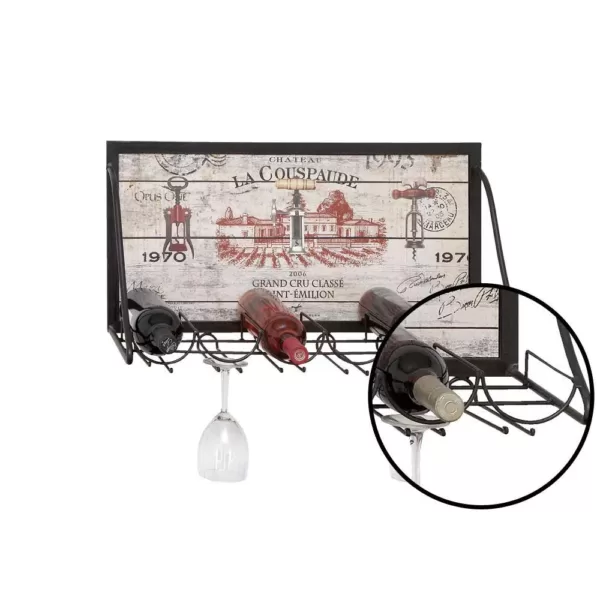 LITTON LANE Wood and Iron 6-Bottle Wall Mounted Wine Rack with Stemware Holder